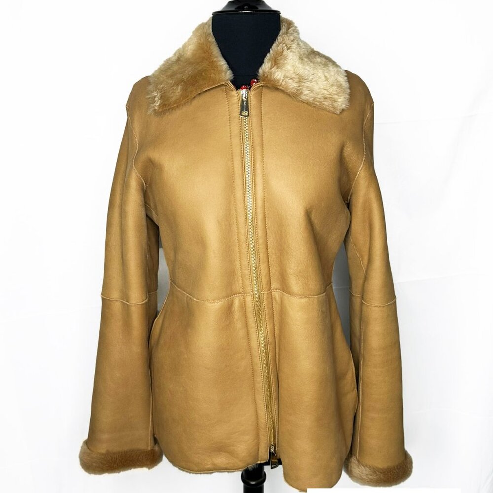 Monzoni24 Italian Shearling Leather Jacket Lambskin Suede Sz. 8  Camel